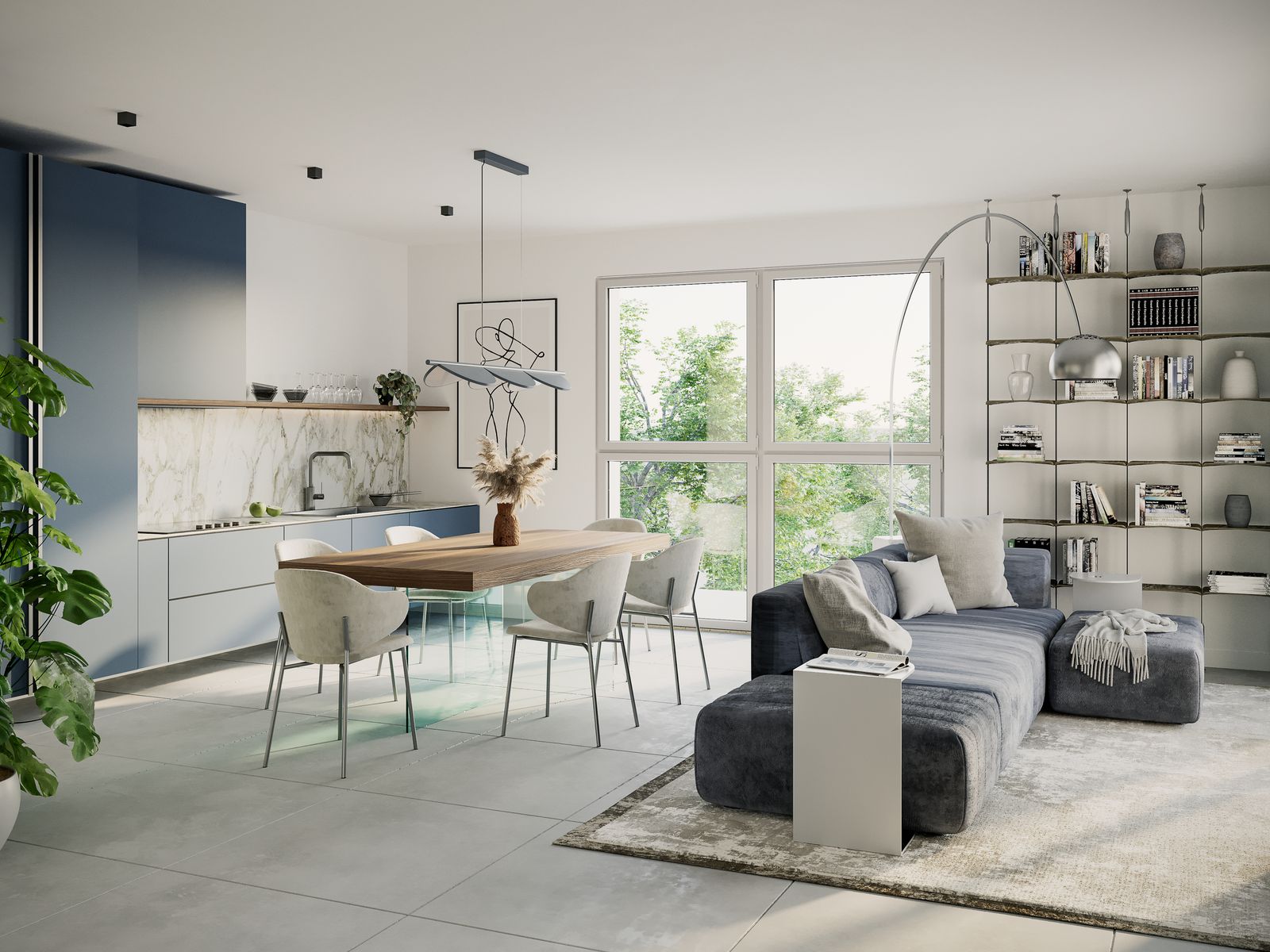 Soggiorno open space con cucina a vista e ampia vetrata sul verde